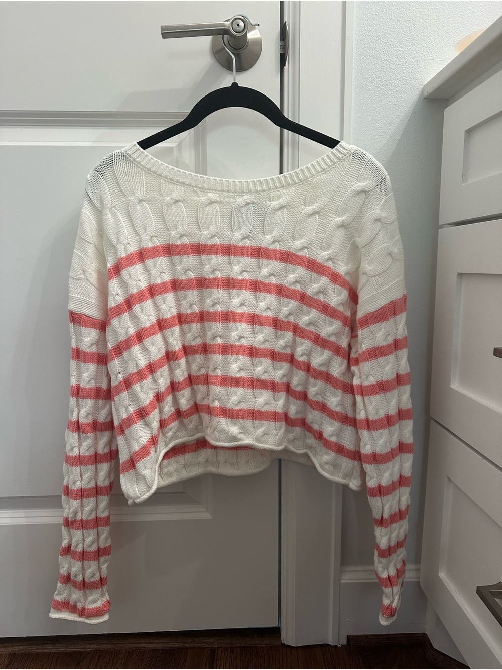 Pink Rose White and Coral Striped Off-the-Shoulder Cable Knit Sweater